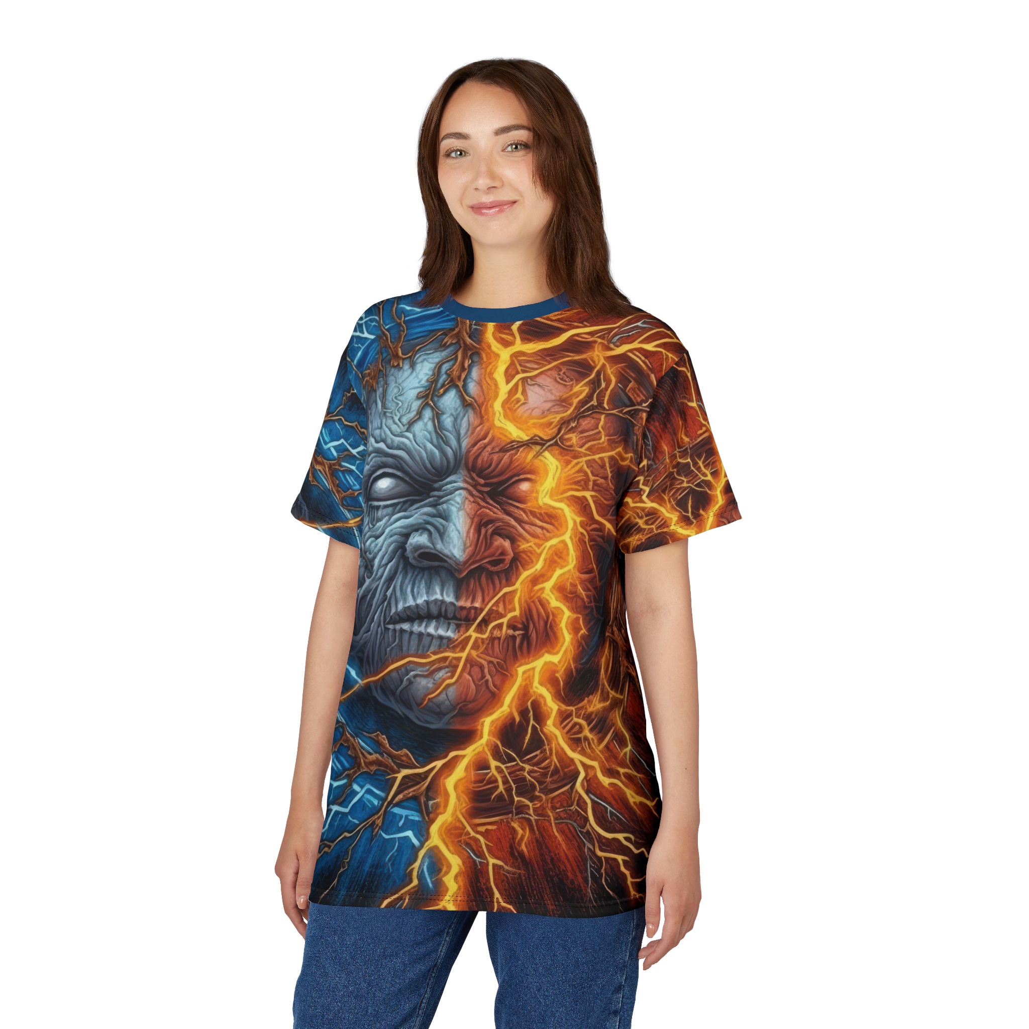Fiery orange and icy blue lightning bolts and gnarled textures cover this seamless pattern tee, depicting a split face of elemental rage.