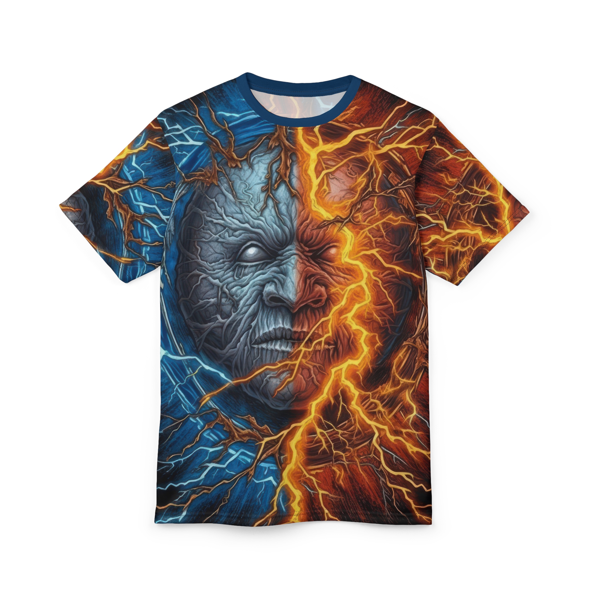 Blue and orange lightning, cracked textures, and gnarled roots cover this apparel, depicting a split face of ice and fire.