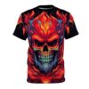 Scary flaming skull all over print sublimation tee with vibrant red, orange, and blue flames wrapping around the garment.