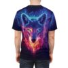 Fiery blues, purples, and yellows swirl around a wolf's face, creating a cosmic, smoky effect on this all over print tee.