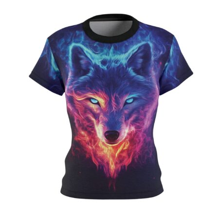 All over print t-shirt, glowing neon fire wolf graphic, blue eyes, red, orange, purple, blue smoke aura, dark background, seamless sublimation print.