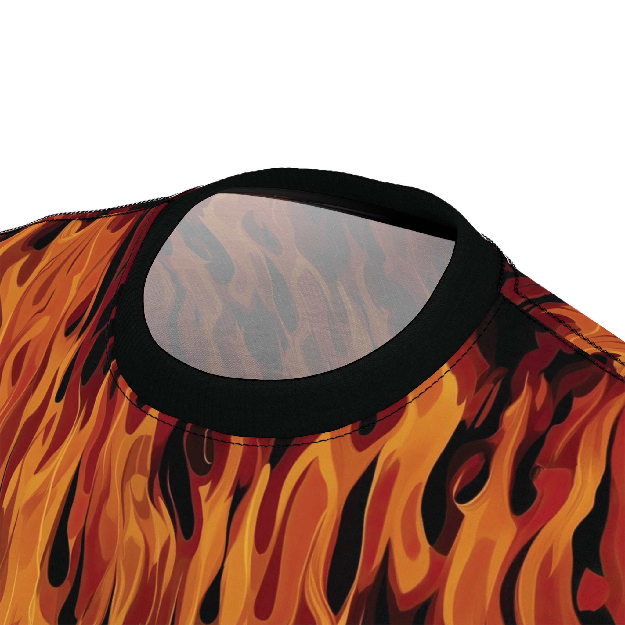 Fiery oranges, reds, and yellows create realistic flame patterns that cover this seamless pattern tee with an intense vibe.