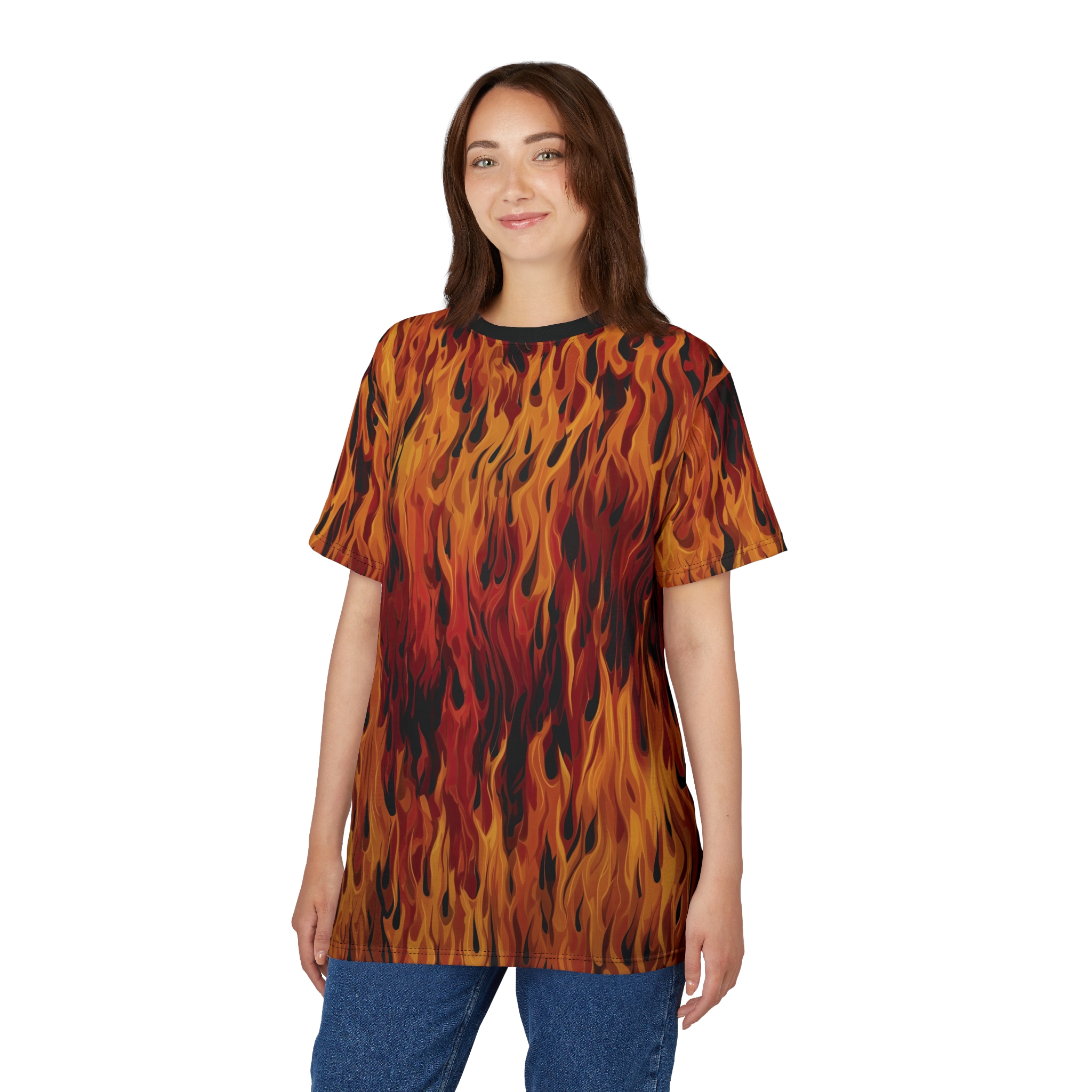 Deep reds, oranges, and yellows in flickering flame patterns cover this sublimation graphic tee with a bold all-over design.