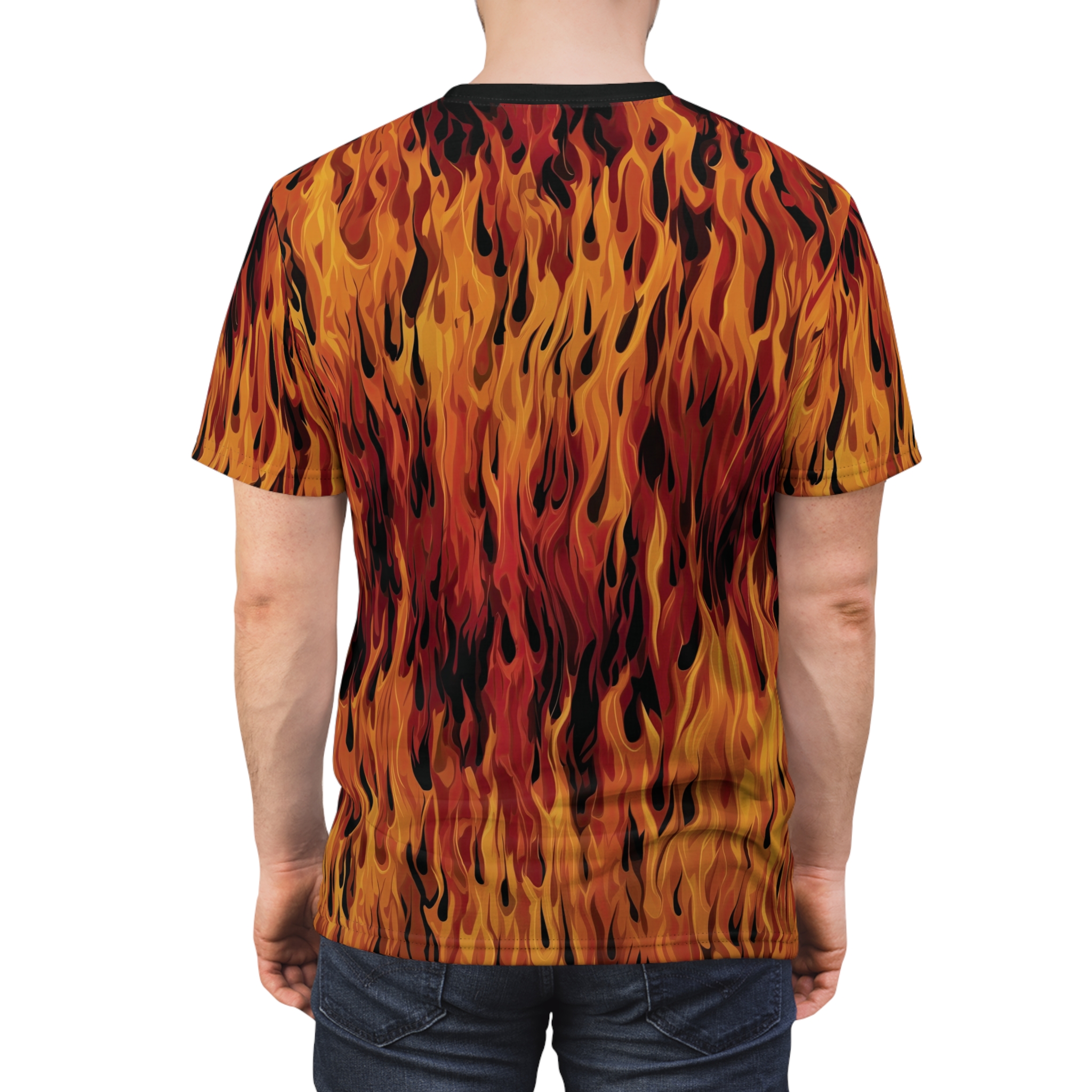 Fiery reds, oranges, and yellows cover this oversized full print tee, depicting intense flames licking upwards with black accents.