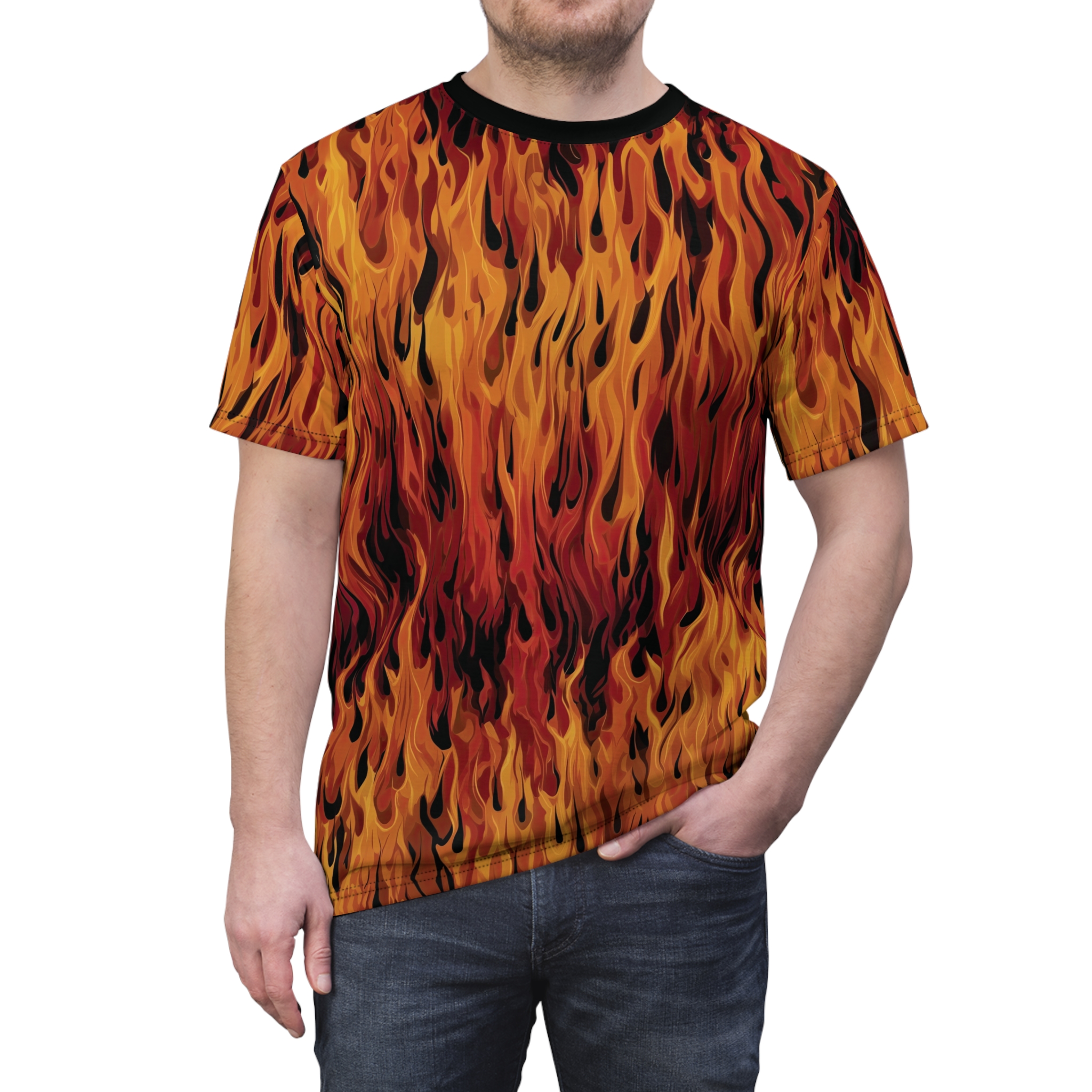 Fiery red, orange, and black flames cover this oversized full print tee with an all-over graphic.
