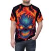 Flaming blue skull all over print sublimation tee with fiery orange and yellow accents and glowing red eyes.