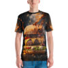 Fiery orange liquid and smoke cover this 3D graphic t-shirt, featuring a stacked burger with dripping cheese.