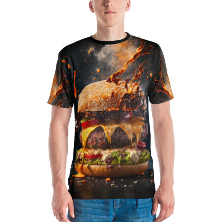 Fiery orange liquid and smoke cover this 3D graphic t-shirt, featuring a stacked burger with dripping cheese.