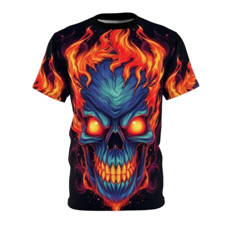 Fiery flaming skull all over print sublimation tee with glowing orange eyes and blue skull graphic.