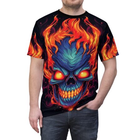 Vibrant Flaming Skull Graphic Unisex Tee – eye-catching full print casual top