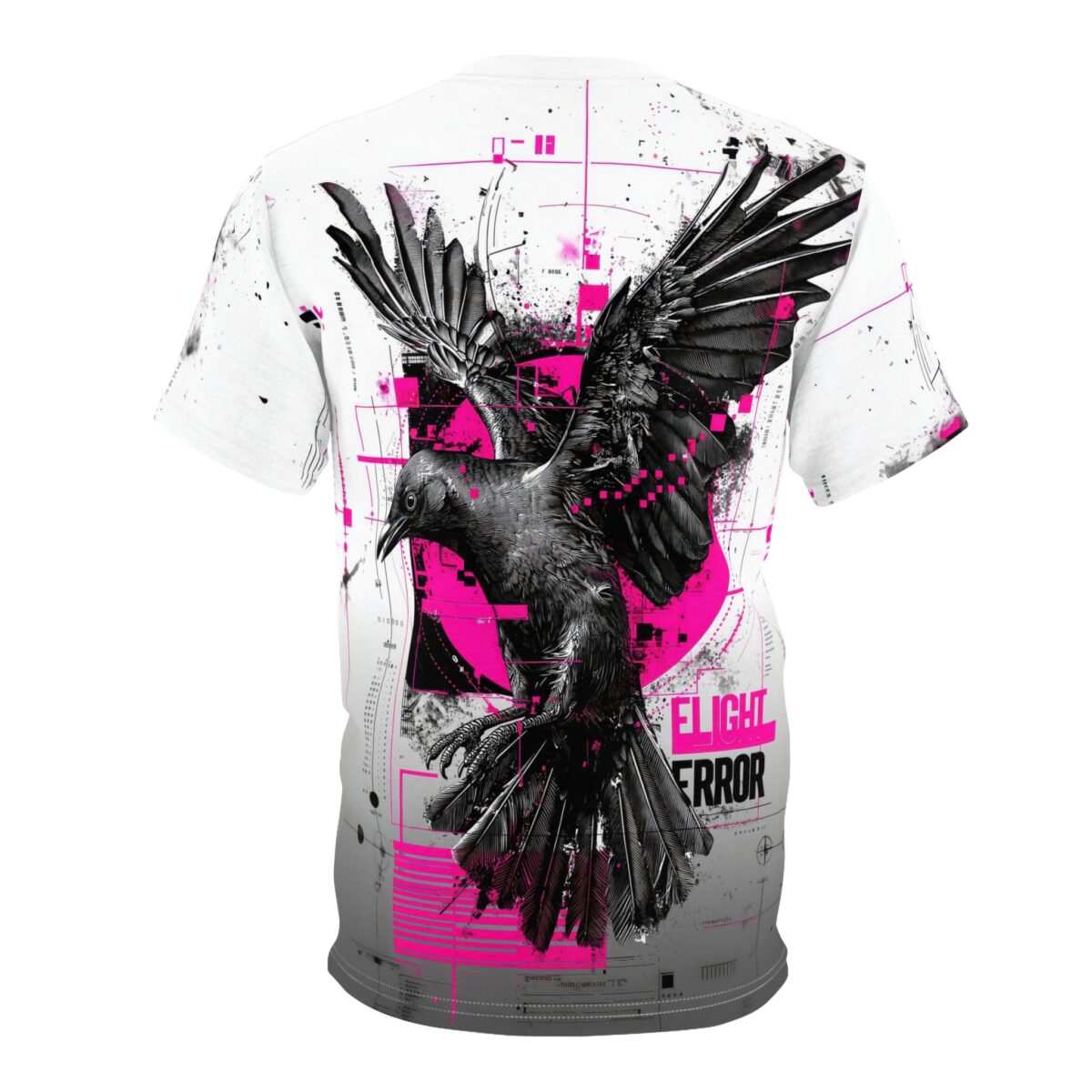 Black, grey, and bright pink geometric patterns and tech-inspired lines cover this all over print t-shirt, depicting a detailed raven mid-flight with glitch effects and the words "FLIGHT ERROR".