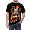 Red, orange, and yellow flames engulf a skeleton chef holding burgers over a grill, with 