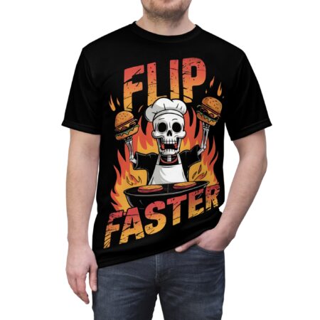 Red, orange, and yellow flames engulf a skeleton chef holding burgers over a grill, with "FLIP FASTER" text.