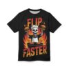 Fiery orange and yellow flames, a skeleton chef in a white hat and apron holding burgers, and textured text reading 'FLIP FASTER' cover this apparel.