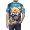 All over print floral sublimation tee, featuring large yellow and pink flowers on a starry blue background. Seamless wrap around graphic.