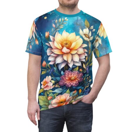 All over print floral sublimation tee, featuring large yellow and pink flowers on a starry blue background. Seamless wrap around graphic.