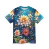 Vibrant floral all over print sublimation tee featuring large yellow and pink dahlias against a deep blue cosmic background.