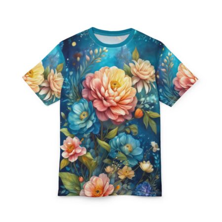 All over print sublimation tee featuring a vibrant floral design with pink, blue, and yellow flowers against a dark blue background.