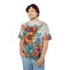 Vibrant floral all over print sublimation tee featuring bold orange and red flowers with lush green leaves and teal accents.