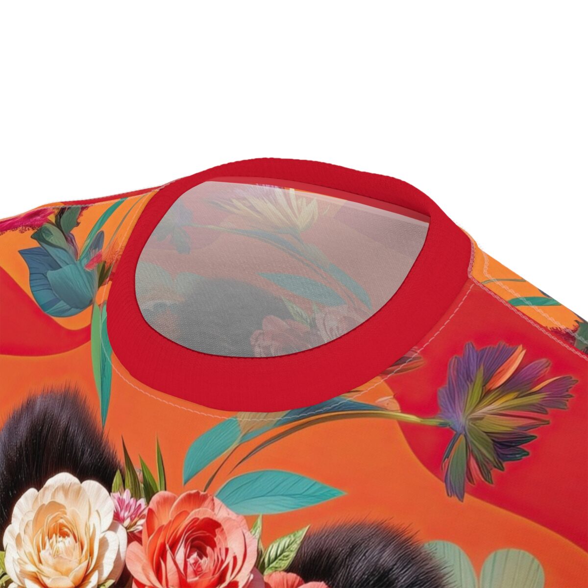 Vibrant all over print t-shirt showcasing a bold floral pattern with roses, abstract leaves, and dark fur accents. Features a red collar.