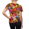 Vibrant all over print sublimation tee featuring a dense bouquet of colorful garden flowers, including roses, peonies, and daisies.