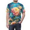 All over print sublimation tee featuring a vibrant floral garden graphic with large coral and yellow peonies, blue poppies, and delicate greenery.