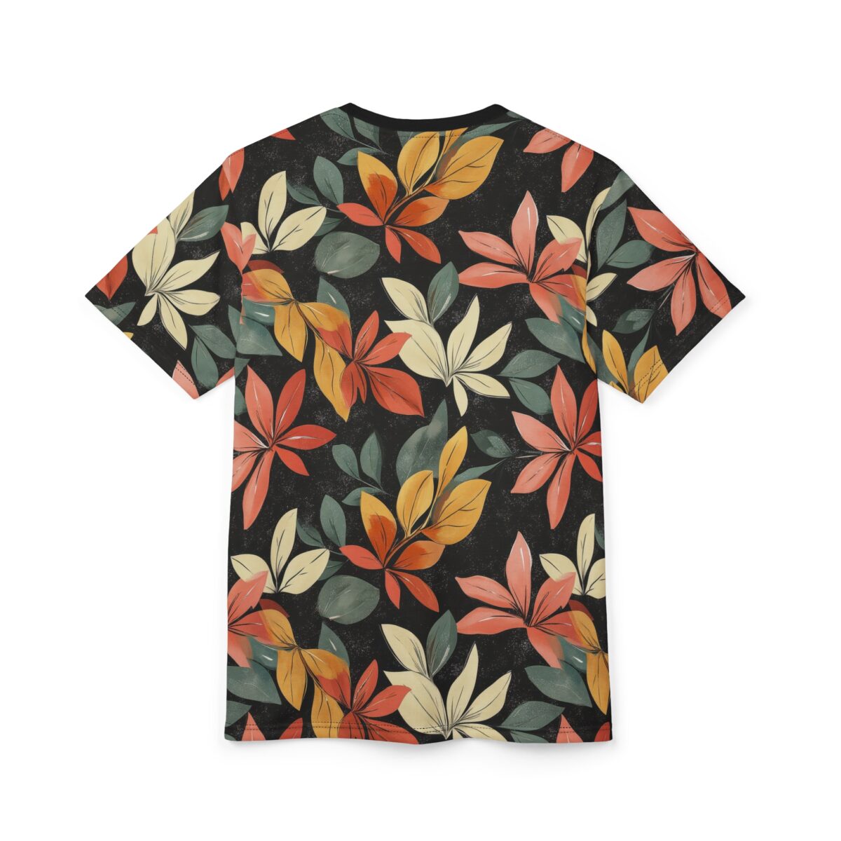 Red, orange, yellow, and cream leaves with grey-green foliage cover this all over print t-shirt, set against a speckled black background.