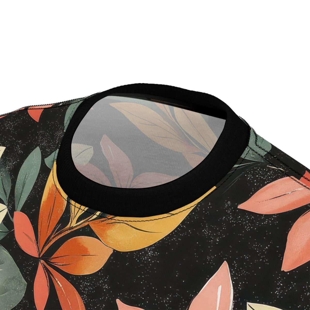Warm, muted tones of orange, yellow, and green leaves and floral shapes adorn this black all over print apparel.