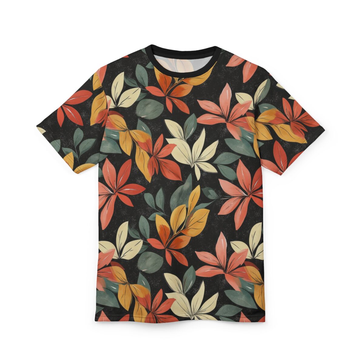 Red, orange, yellow, and cream leaves with green accents cover this full print shirt, set against a speckled black background.