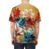 Vibrant floral sublimation tee featuring large lilies in red, blue, and white with a yellow and teal background.