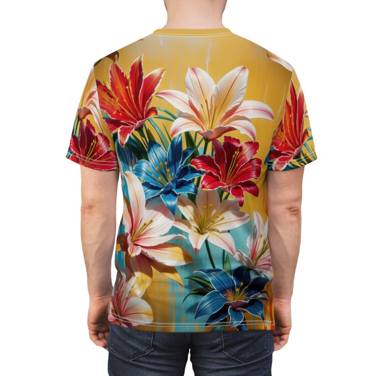 Vibrant floral sublimation tee featuring large lilies in red, blue, and white with a yellow and teal background.