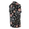 Pink and grey floral patterns with gold vines cover this sublimation graphic tee, featuring a dark background with small red and gold accents.