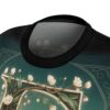 Floral Art Nouveau all over print sublimation tee featuring delicate white flowers and green leaves on a teal background.