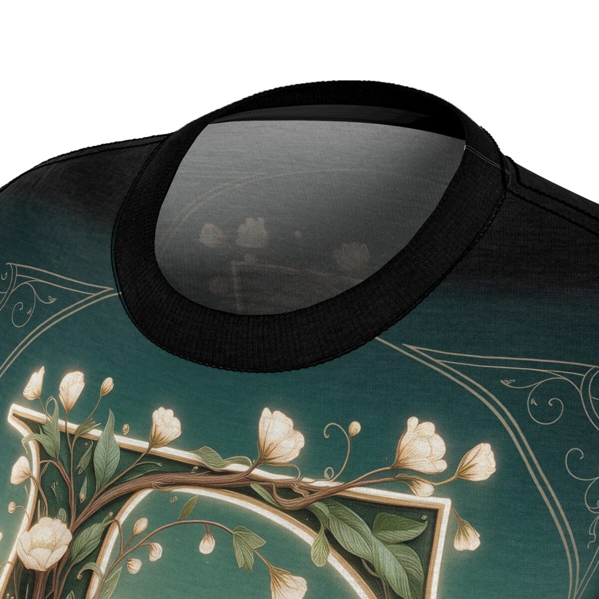 Floral Art Nouveau all over print sublimation tee featuring delicate white flowers and green leaves on a teal background.
