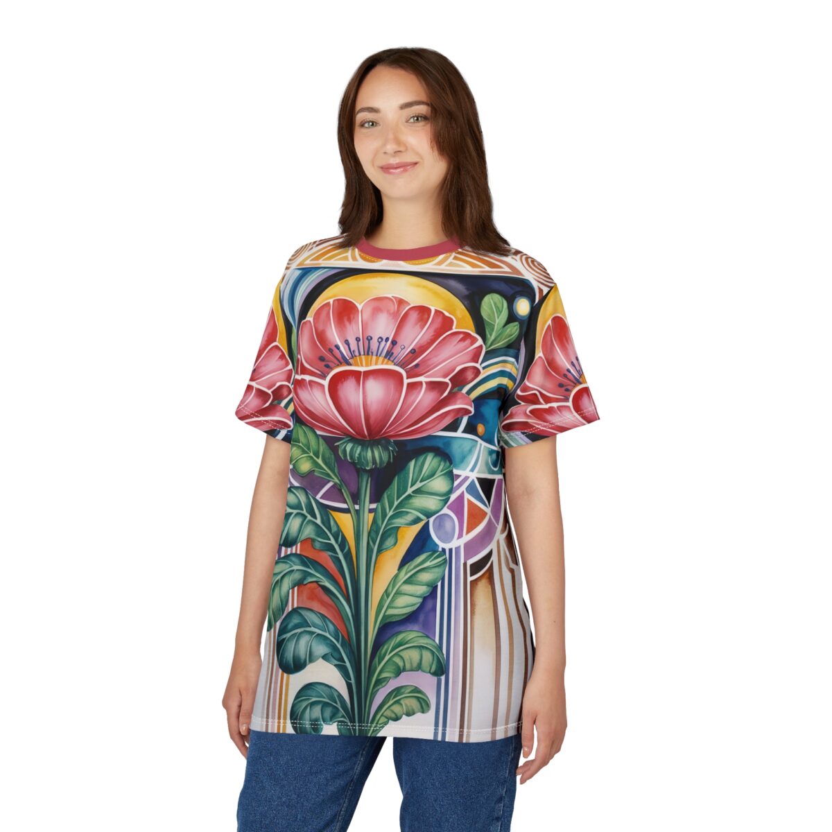 Bold red and pink flowers with green leaves and abstract geometric shapes in yellow, blue, and purple cover this full print shirt.