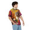 Vibrant pinks, oranges, and yellows cover this seamless pattern tee, featuring a tabby cat amidst lush floral blooms and autumn foliage.