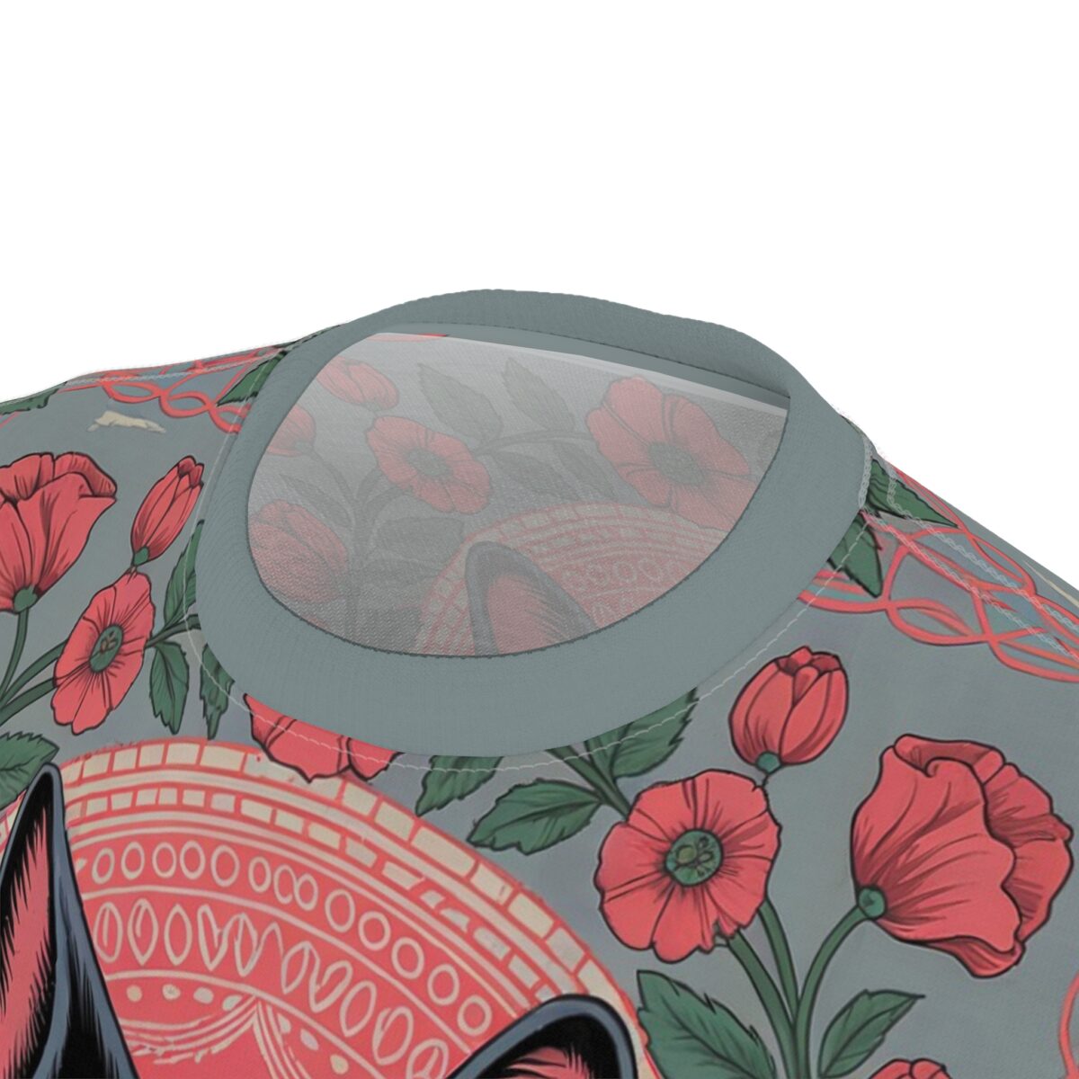 Coral poppies and green leaves cover this oversized full print tee, with a mandala design and cat ears peeking out.