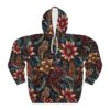 All over print hoodie showcasing a vintage boho floral and feather pattern in dark jewel tones with red and gold accents.