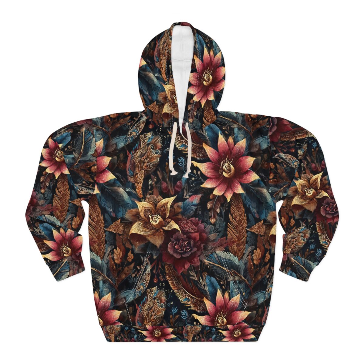 All over print hoodie showcasing a vintage boho floral and feather pattern in dark jewel tones with red and gold accents.