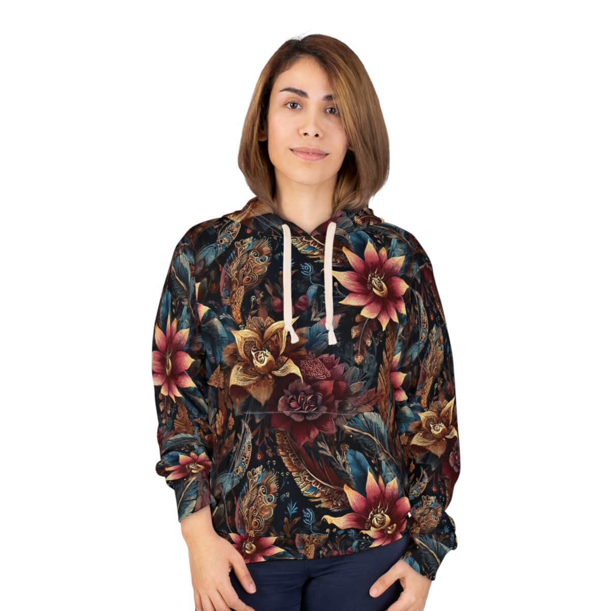 Dark floral and feather all over print hoodie, featuring vibrant red and gold flowers with ornate feather details.