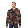 Men's all over print hoodie with a dark floral and feather design featuring vibrant red and gold flowers.