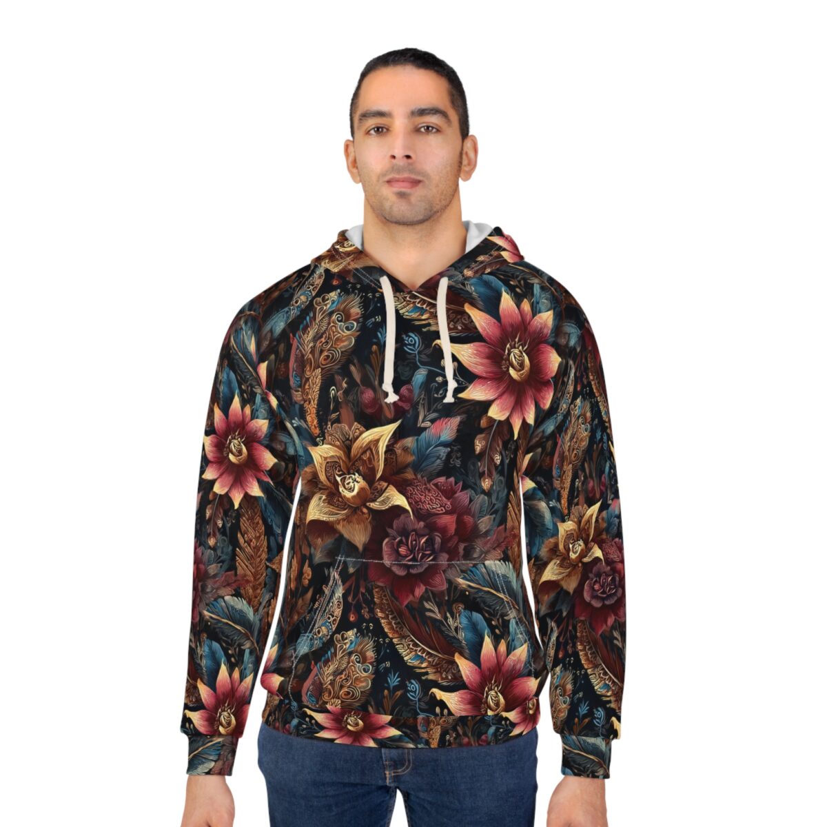 Men's all over print hoodie with a dark floral and feather design featuring vibrant red and gold flowers.