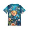 Vibrant blues, greens, and oranges of blooming flowers cover this 3D graphic t-shirt, set against a dreamy, starry night sky.