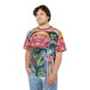 Vibrant floral and geometric all over print sublimation tee featuring large red poppies and abstract shapes.