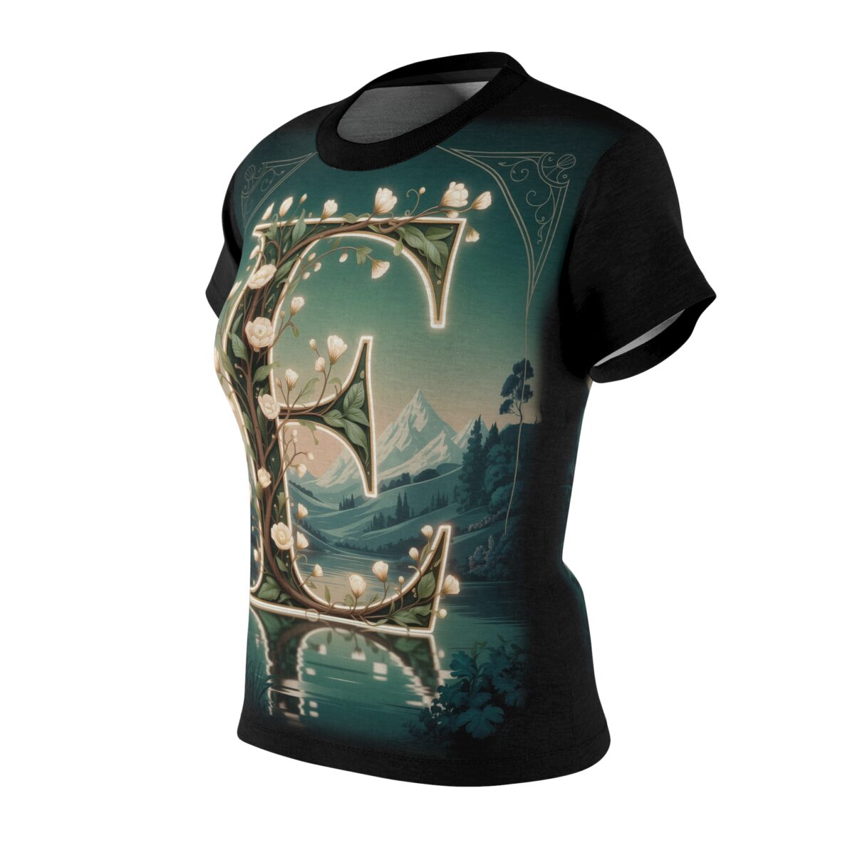 Floral initial 'E' design on a sublimation tee, featuring a serene landscape with mountains, lake, and trees.