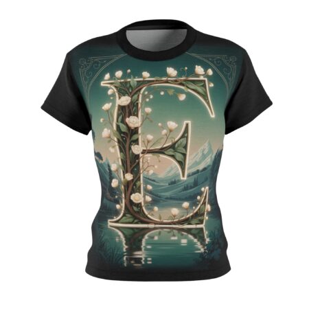 All over print sublimation tee featuring a glowing letter E entwined with white flowers and a serene mountain landscape.
