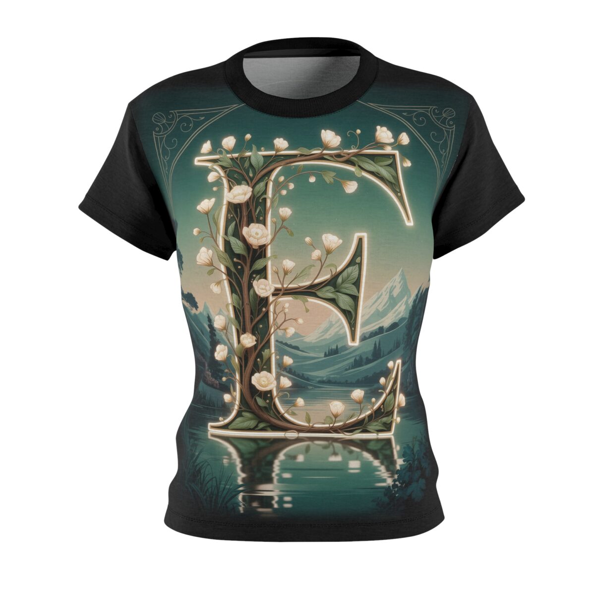 All over print sublimation tee featuring a glowing letter E entwined with white flowers and a serene mountain landscape.