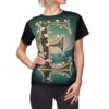 All over print sublimation tee showcasing a large floral letter 'E' set against a serene landscape with mountains and a lake.