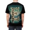Floral letter E graphic sublimation tee showcasing a serene mountain lake landscape with glowing white flowers.