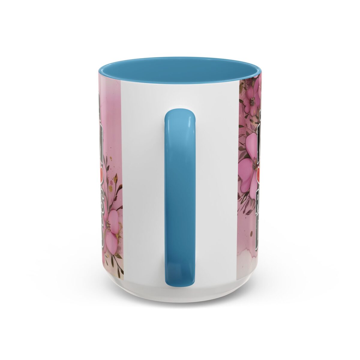 Floral "Mom Life" ceramic coffee mug with blue interior and handle, adorned with pink flowers and gold accents.